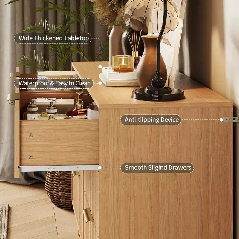 Modern Fluted 6-Drawer Dresser - 47 Wide Wooden Chest with Metal Handles - Spacious Storage Cabinet & Closet Organizer