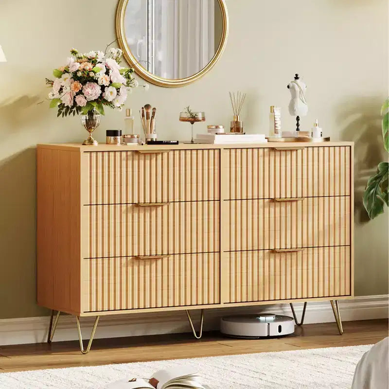 Modern Fluted 6-Drawer Dresser - 47 Wide Wooden Chest with Metal Handles - Spacious Storage Cabinet & Closet Organizer