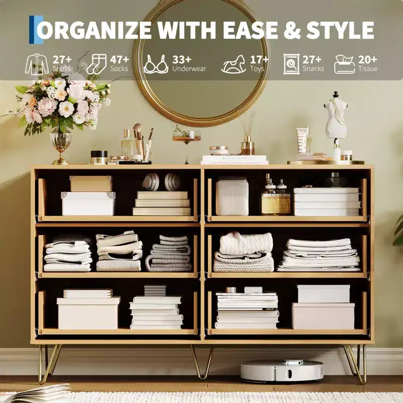 Modern Fluted 6-Drawer Dresser - 47 Wide Wooden Chest with Metal Handles - Spacious Storage Cabinet & Closet Organizer