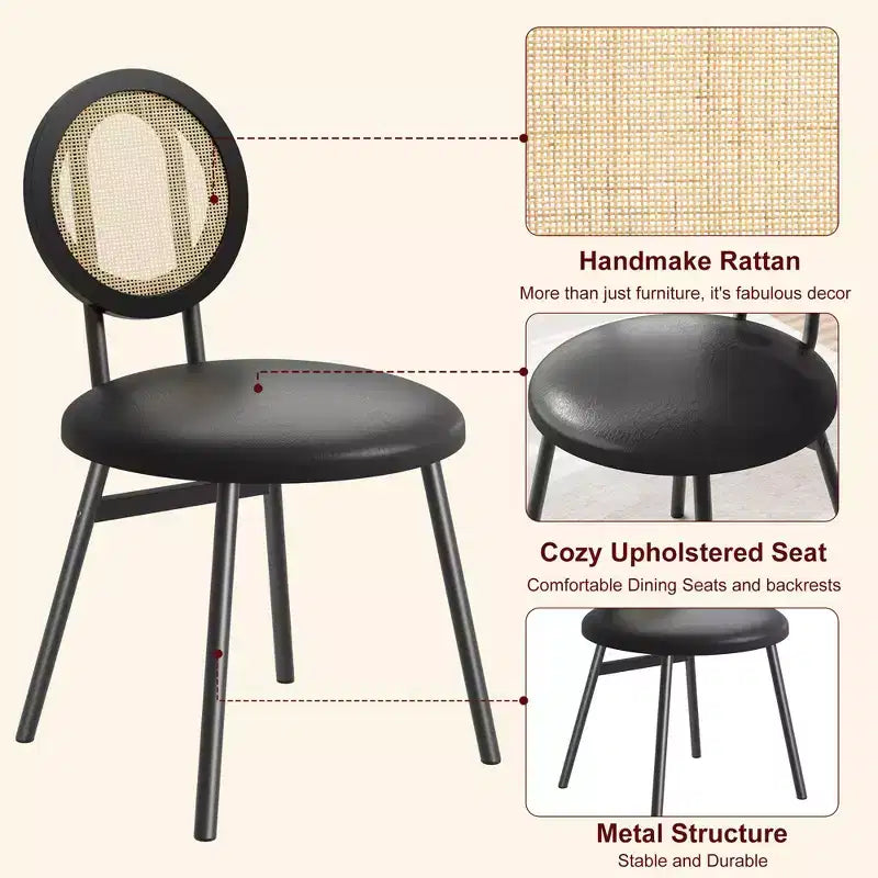 Acekool Rattan Dining Chairs Set of 2 Upholstered Kitchen Chairs with Metal Legs for Dining Room