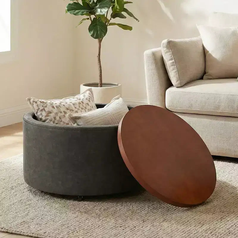 Christopher Knight Home Camila Modern Wooden Faux Leather Upholstered Round Storage Ottoman with Wheels and Removable Lid