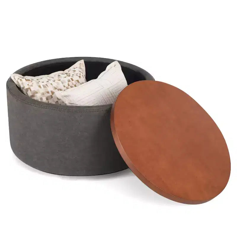 Christopher Knight Home Camila Modern Wooden Faux Leather Upholstered Round Storage Ottoman with Wheels and Removable Lid