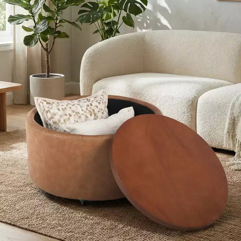 Christopher Knight Home Camila Modern Wooden Faux Leather Upholstered Round Storage Ottoman with Wheels and Removable Lid