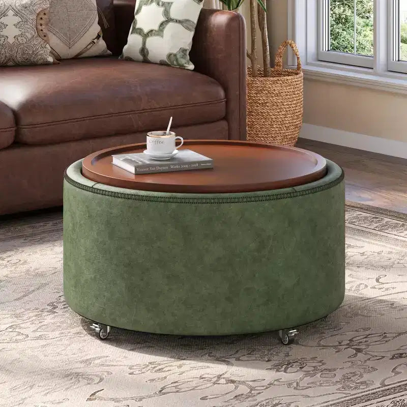 Christopher Knight Home Camila Modern Wooden Faux Leather Upholstered Round Storage Ottoman with Wheels and Removable Lid
