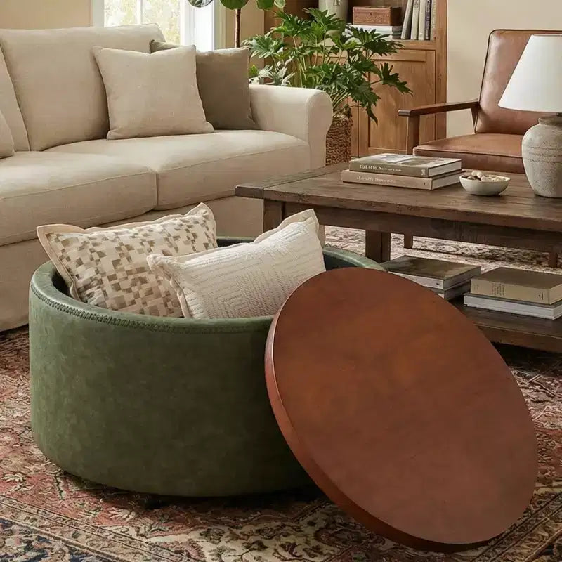 Christopher Knight Home Camila Modern Wooden Faux Leather Upholstered Round Storage Ottoman with Wheels and Removable Lid
