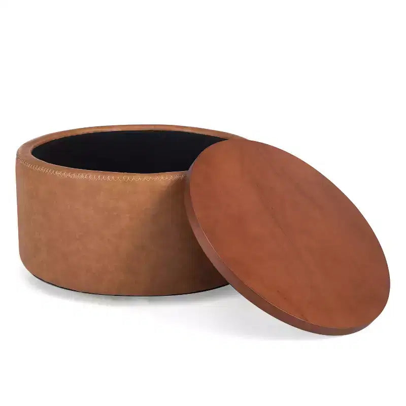 Christopher Knight Home Camila Modern Wooden Faux Leather Upholstered Round Storage Ottoman with Wheels and Removable Lid