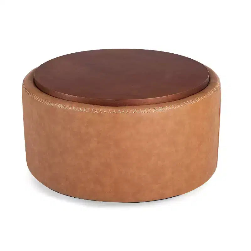 Christopher Knight Home Camila Modern Wooden Faux Leather Upholstered Round Storage Ottoman with Wheels and Removable Lid
