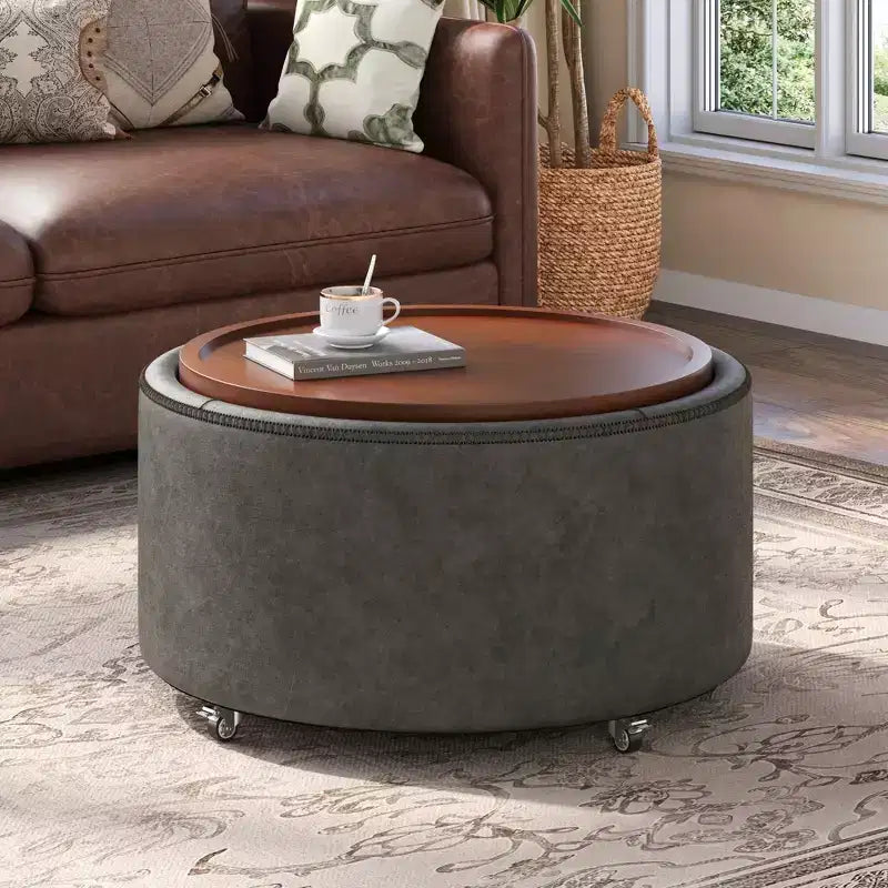 Christopher Knight Home Camila Modern Wooden Faux Leather Upholstered Round Storage Ottoman with Wheels and Removable Lid