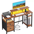Brown 51 Inches Reversible Home Office Computer Desk with File Cabinet Monitor Stand Storage Shelves Power Outlets LED Gaming Study Workstation Table