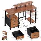 Brown 51 Inches Reversible Home Office Computer Desk with File Cabinet Monitor Stand Storage Shelves Power Outlets LED Gaming Study Workstation Table