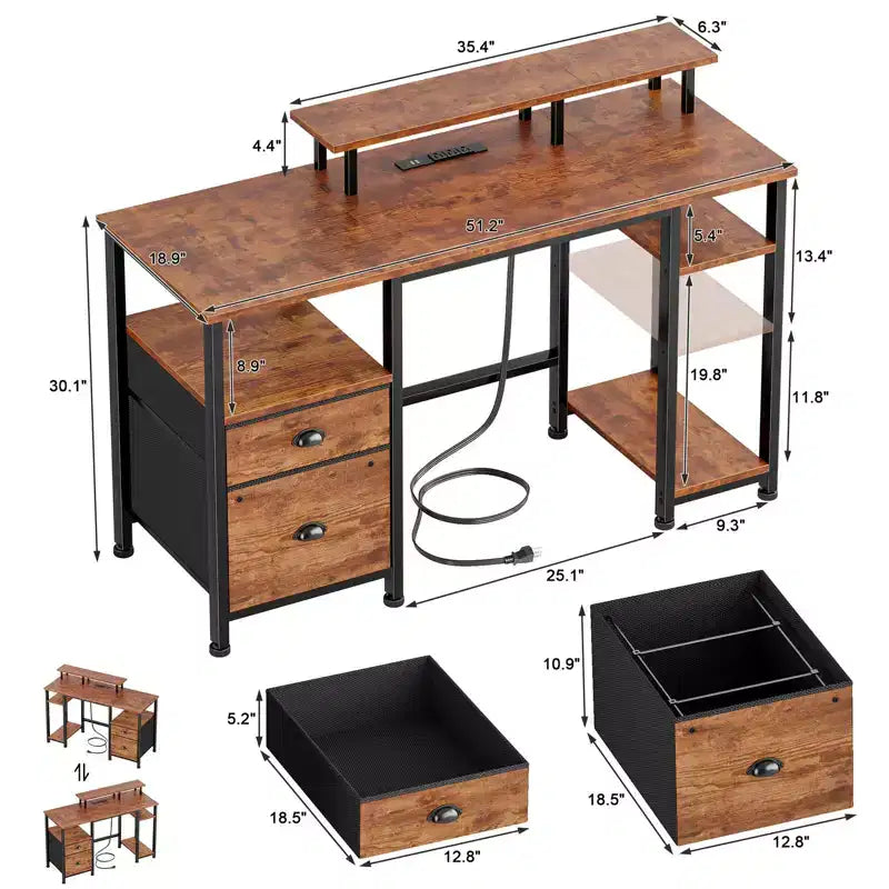 Brown 51 Inches Reversible Home Office Computer Desk with File Cabinet Monitor Stand Storage Shelves Power Outlets LED Gaming Study Workstation Table