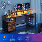 Brown 51 Inches Reversible Home Office Computer Desk with File Cabinet Monitor Stand Storage Shelves Power Outlets LED Gaming Study Workstation Table