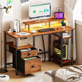 Brown 51 Inches Reversible Home Office Computer Desk with File Cabinet Monitor Stand Storage Shelves Power Outlets LED Gaming Study Workstation Table