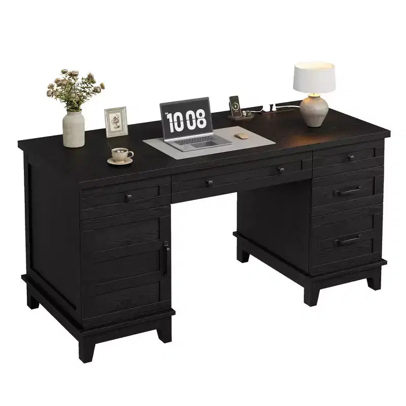 Double Workstation Desk for Home Office, Extra-Large Desk with Adjustable Storage Cabinets, Full-Extension Drawers & Charging Station
