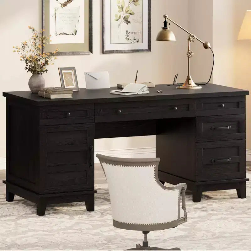 Double Workstation Desk for Home Office, Extra-Large Desk with Adjustable Storage Cabinets, Full-Extension Drawers & Charging Station