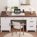Double Workstation Desk for Home Office, Extra-Large Desk with Adjustable Storage Cabinets, Full-Extension Drawers & Charging Station