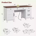 Double Workstation Desk for Home Office, Extra-Large Desk with Adjustable Storage Cabinets, Full-Extension Drawers & Charging Station