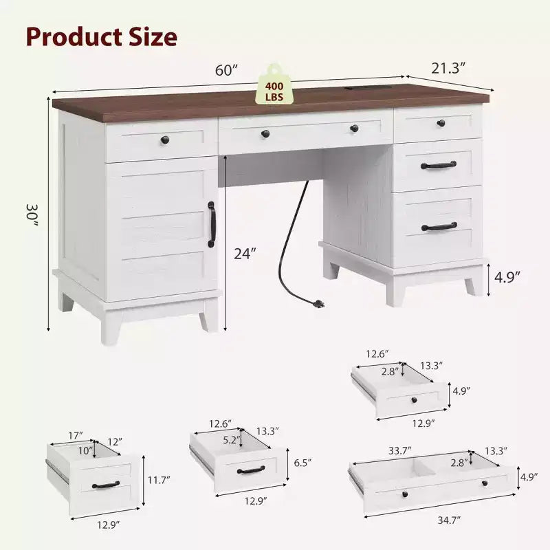 Double Workstation Desk for Home Office, Extra-Large Desk with Adjustable Storage Cabinets, Full-Extension Drawers & Charging Station