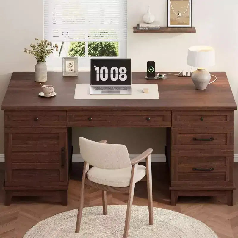 Double Workstation Desk for Home Office, Extra-Large Desk with Adjustable Storage Cabinets, Full-Extension Drawers & Charging Station