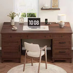 Double Workstation Desk for Home Office, Extra-Large Desk with Adjustable Storage Cabinets, Full-Extension Drawers & Charging Station
