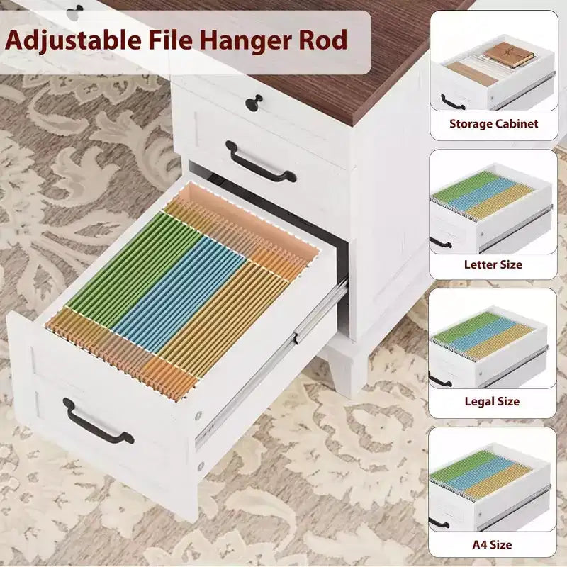 Double Workstation Desk for Home Office, Extra-Large Desk with Adjustable Storage Cabinets, Full-Extension Drawers & Charging Station