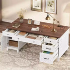 Double Workstation Desk for Home Office, Extra-Large Desk with Adjustable Storage Cabinets, Full-Extension Drawers & Charging Station