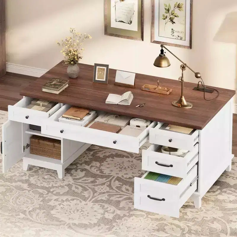 Double Workstation Desk for Home Office, Extra-Large Desk with Adjustable Storage Cabinets, Full-Extension Drawers & Charging Station