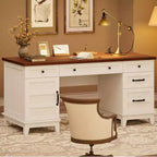 Double Workstation Desk for Home Office, Extra-Large Desk with Adjustable Storage Cabinets, Full-Extension Drawers & Charging Station