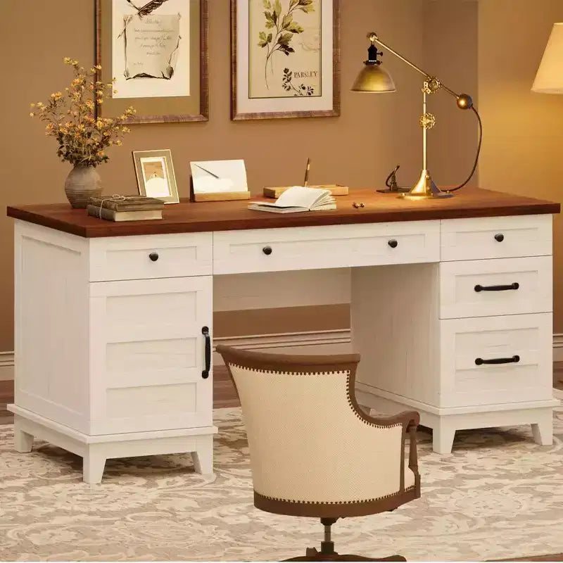 Double Workstation Desk for Home Office, Extra-Large Desk with Adjustable Storage Cabinets, Full-Extension Drawers & Charging Station