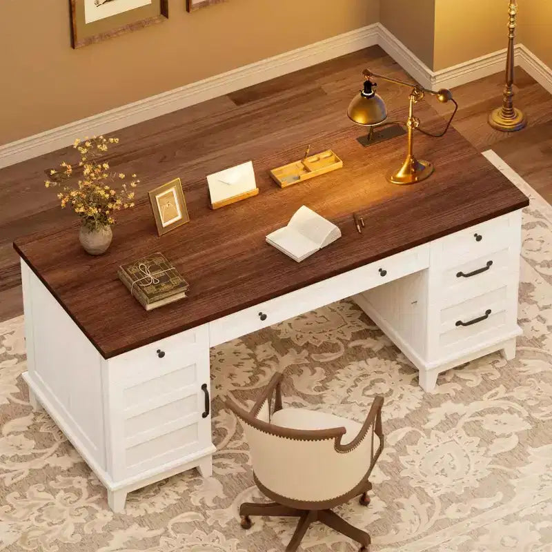 Double Workstation Desk for Home Office, Extra-Large Desk with Adjustable Storage Cabinets, Full-Extension Drawers & Charging Station