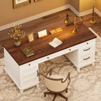 Double Workstation Desk for Home Office, Extra-Large Desk with Adjustable Storage Cabinets, Full-Extension Drawers & Charging Station