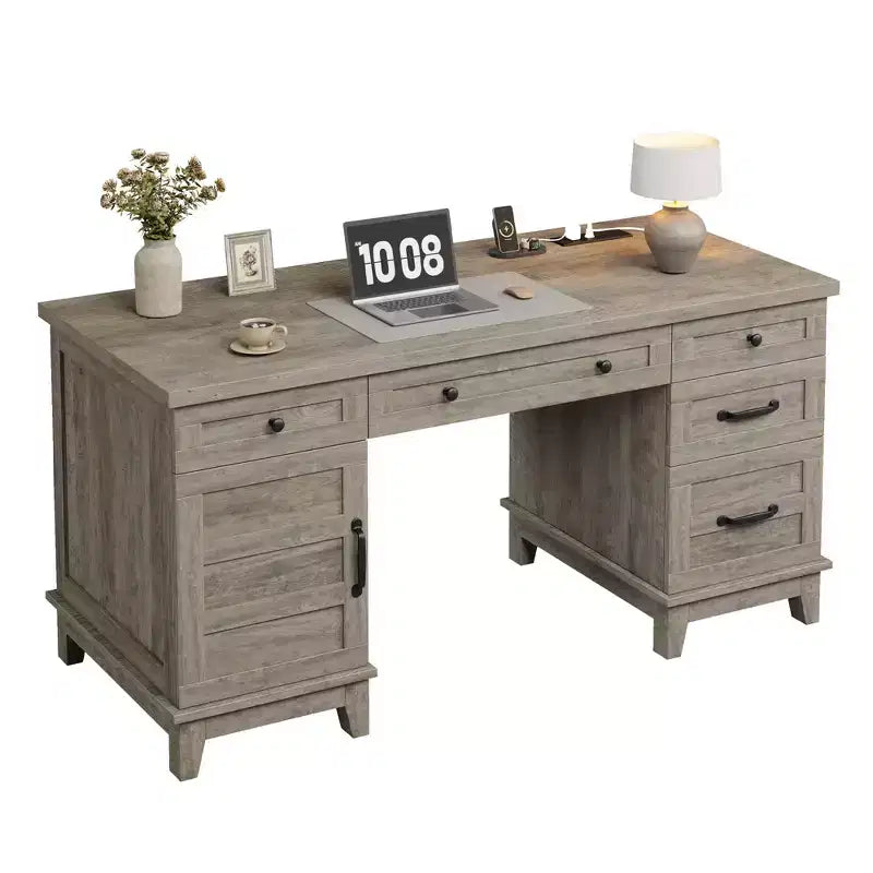 Double Workstation Desk for Home Office, Extra-Large Desk with Adjustable Storage Cabinets, Full-Extension Drawers & Charging Station