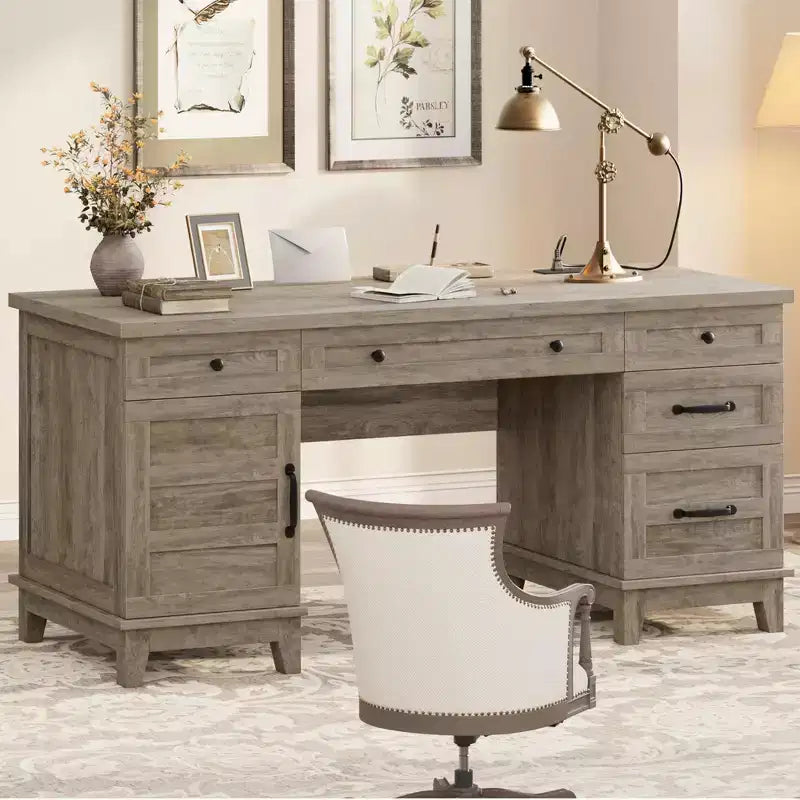 Double Workstation Desk for Home Office, Extra-Large Desk with Adjustable Storage Cabinets, Full-Extension Drawers & Charging Station