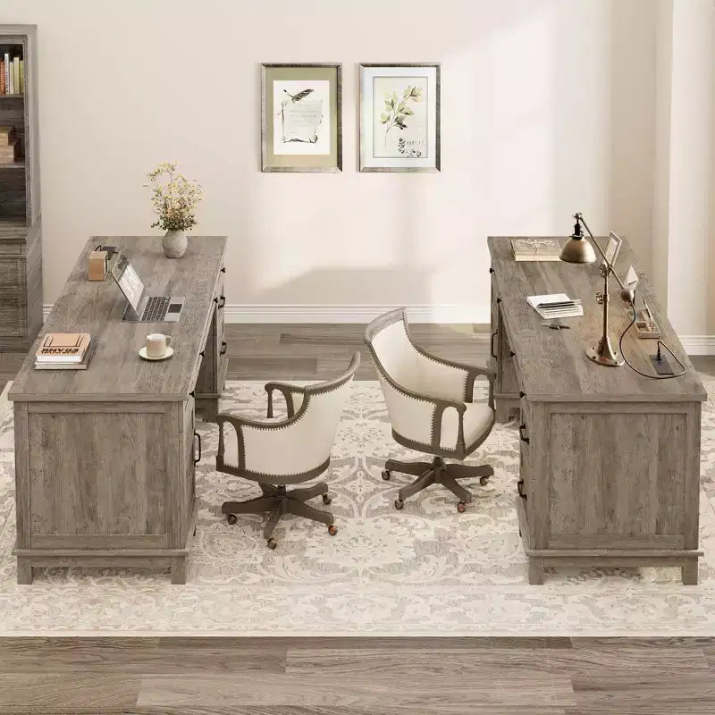 Double Workstation Desk for Home Office, Extra-Large Desk with Adjustable Storage Cabinets, Full-Extension Drawers & Charging Station