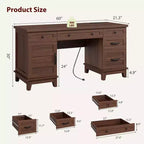 Double Workstation Desk for Home Office, Extra-Large Desk with Adjustable Storage Cabinets, Full-Extension Drawers & Charging Station