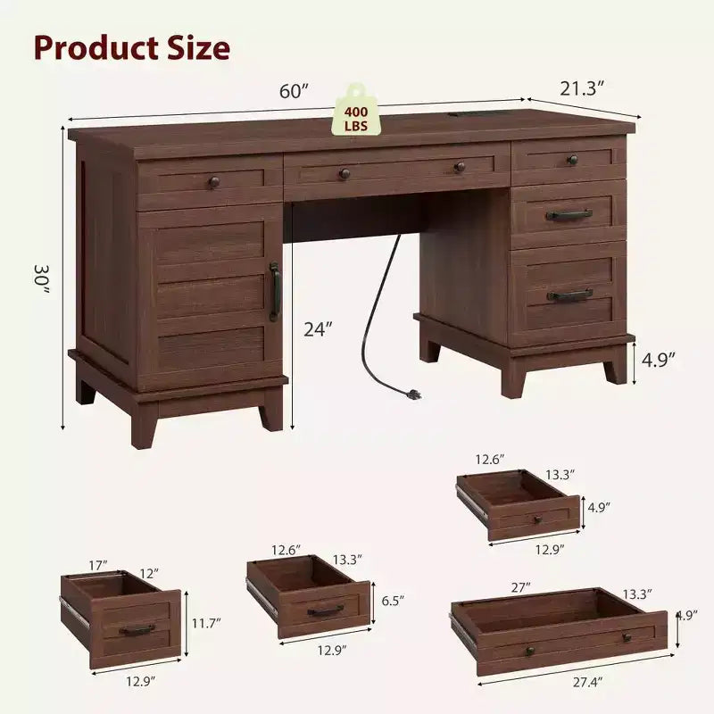Double Workstation Desk for Home Office, Extra-Large Desk with Adjustable Storage Cabinets, Full-Extension Drawers & Charging Station