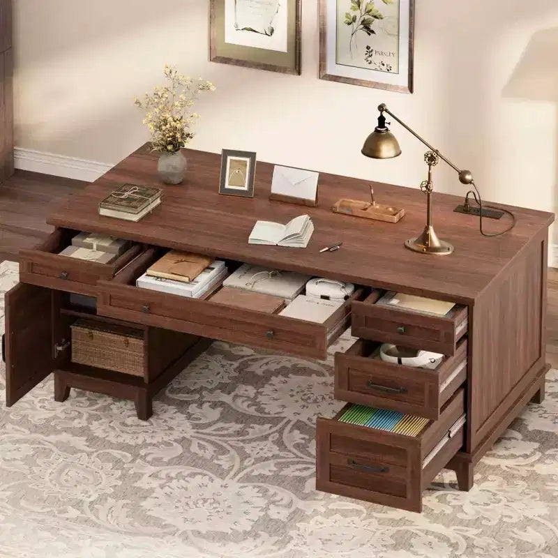Double Workstation Desk for Home Office, Extra-Large Desk with Adjustable Storage Cabinets, Full-Extension Drawers & Charging Station