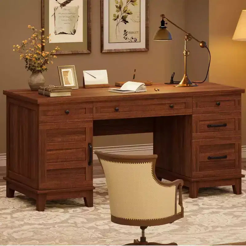 Double Workstation Desk for Home Office, Extra-Large Desk with Adjustable Storage Cabinets, Full-Extension Drawers & Charging Station