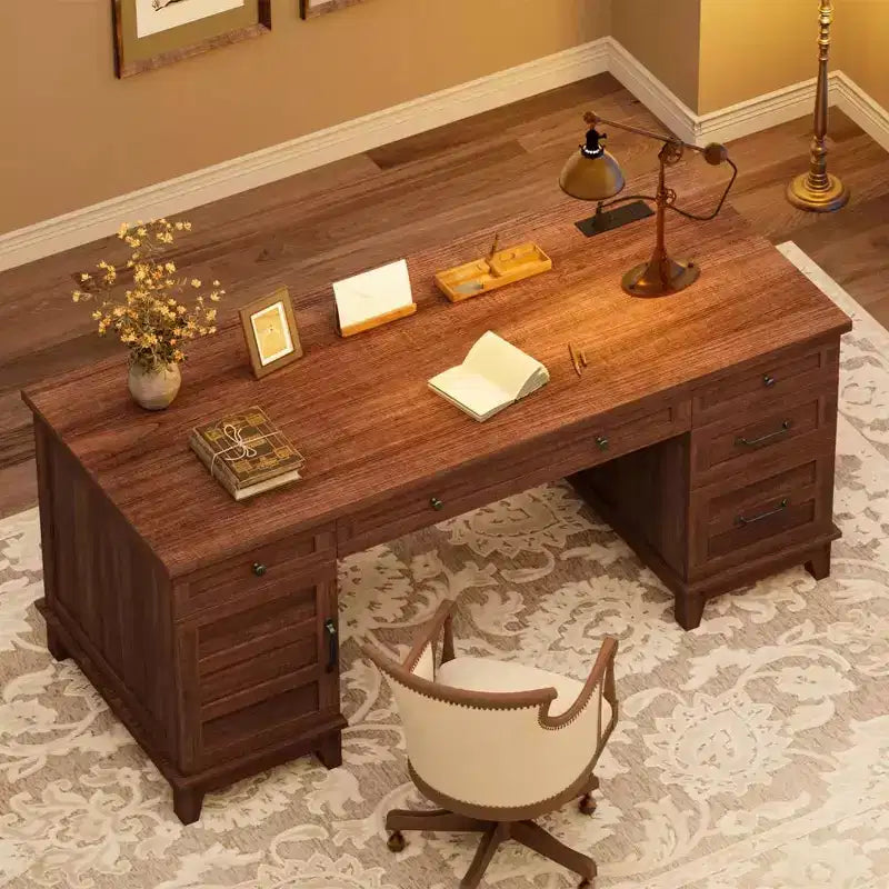 Double Workstation Desk for Home Office, Extra-Large Desk with Adjustable Storage Cabinets, Full-Extension Drawers & Charging Station