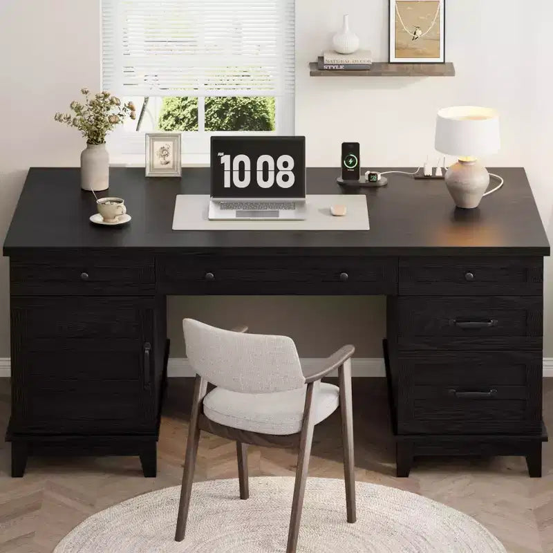 Double Workstation Desk for Home Office, Extra-Large Desk with Adjustable Storage Cabinets, Full-Extension Drawers & Charging Station
