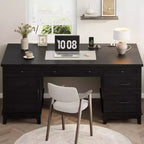 Double Workstation Desk for Home Office, Extra-Large Desk with Adjustable Storage Cabinets, Full-Extension Drawers & Charging Station