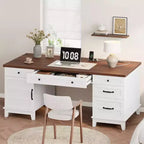 Double Workstation Desk for Home Office, Extra-Large Desk with Adjustable Storage Cabinets, Full-Extension Drawers & Charging Station