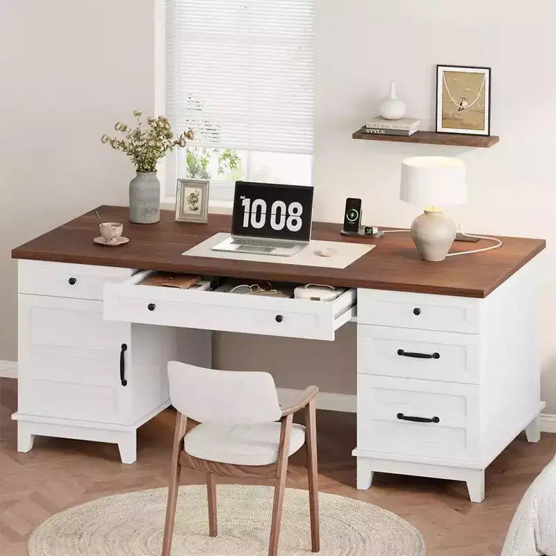 Double Workstation Desk for Home Office, Extra-Large Desk with Adjustable Storage Cabinets, Full-Extension Drawers & Charging Station