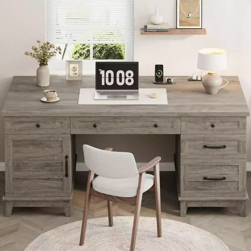 Double Workstation Desk for Home Office, Extra-Large Desk with Adjustable Storage Cabinets, Full-Extension Drawers & Charging Station