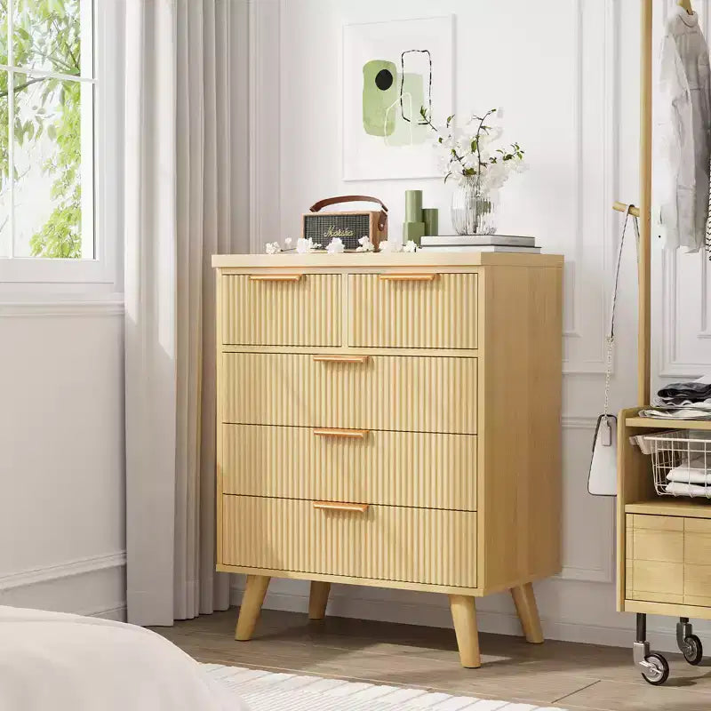 GDFStudio Kerri 5-Drawer Modern Boho Dresser with Wave Pattern Front