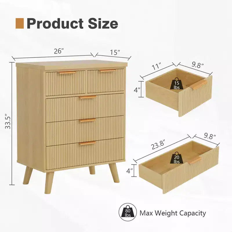 GDFStudio Kerri 5-Drawer Modern Boho Dresser with Wave Pattern Front