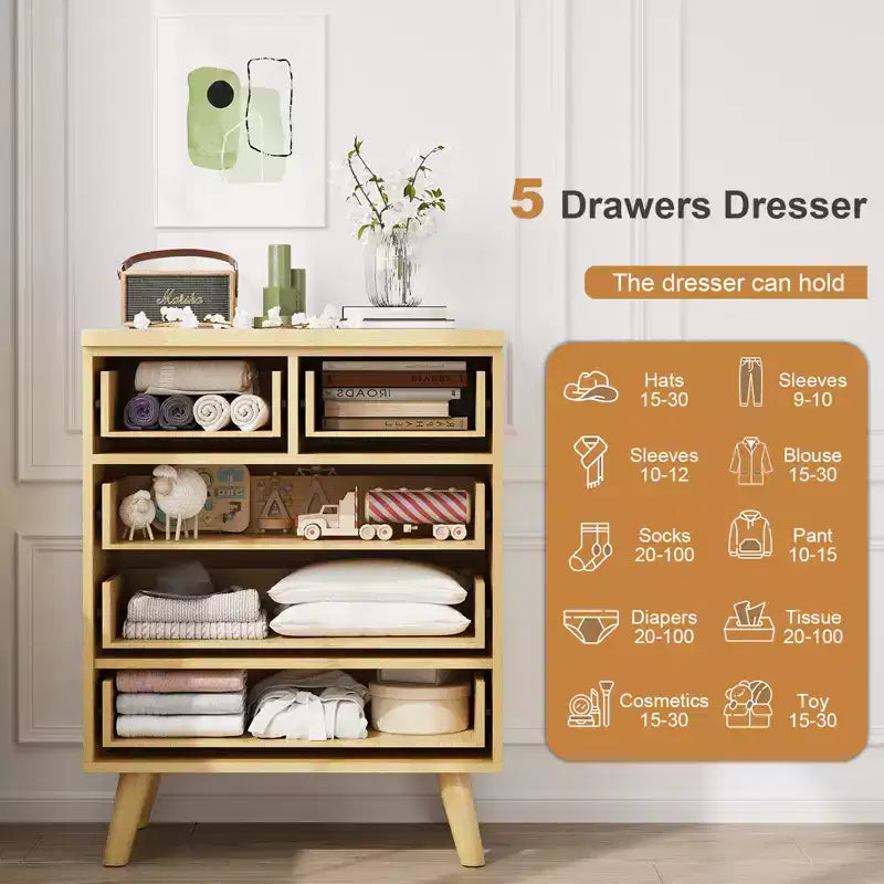 GDFStudio Kerri 5-Drawer Modern Boho Dresser with Wave Pattern Front