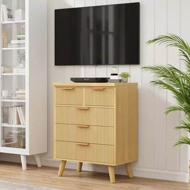 GDFStudio Kerri 5-Drawer Modern Boho Dresser with Wave Pattern Front