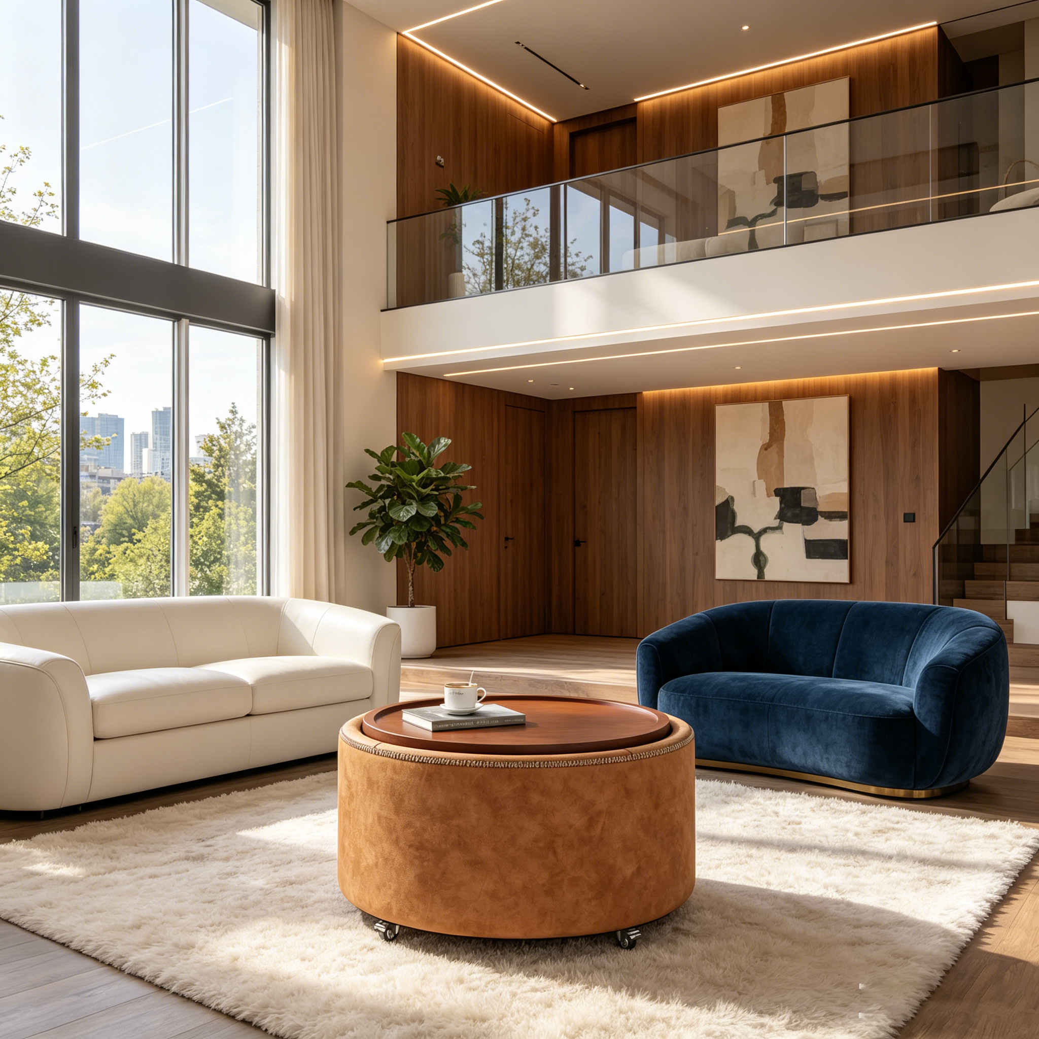 Pouf de rangement rond moderne en bois et similicuir