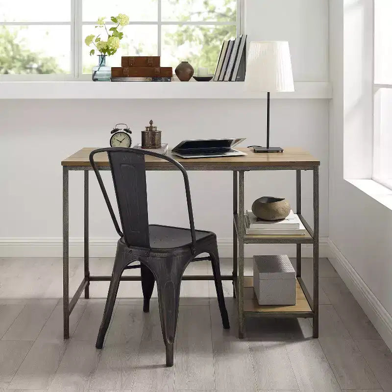 Brooke Desk Washed Oak - Crosley: Modern Industrial, Steel Frame, 42" Office with Fixed Shelves